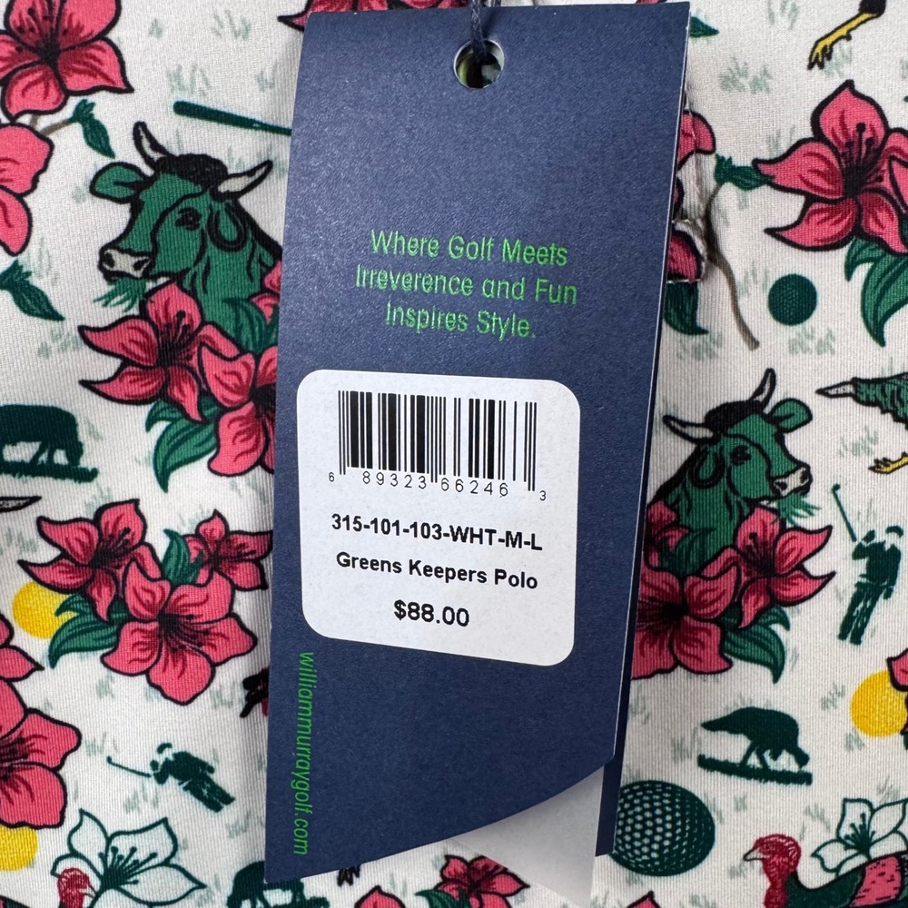 William Murray Golf Mens Greens Keepers Polo Shirt White Floral Animal Large NWT - Picture 3 of 12